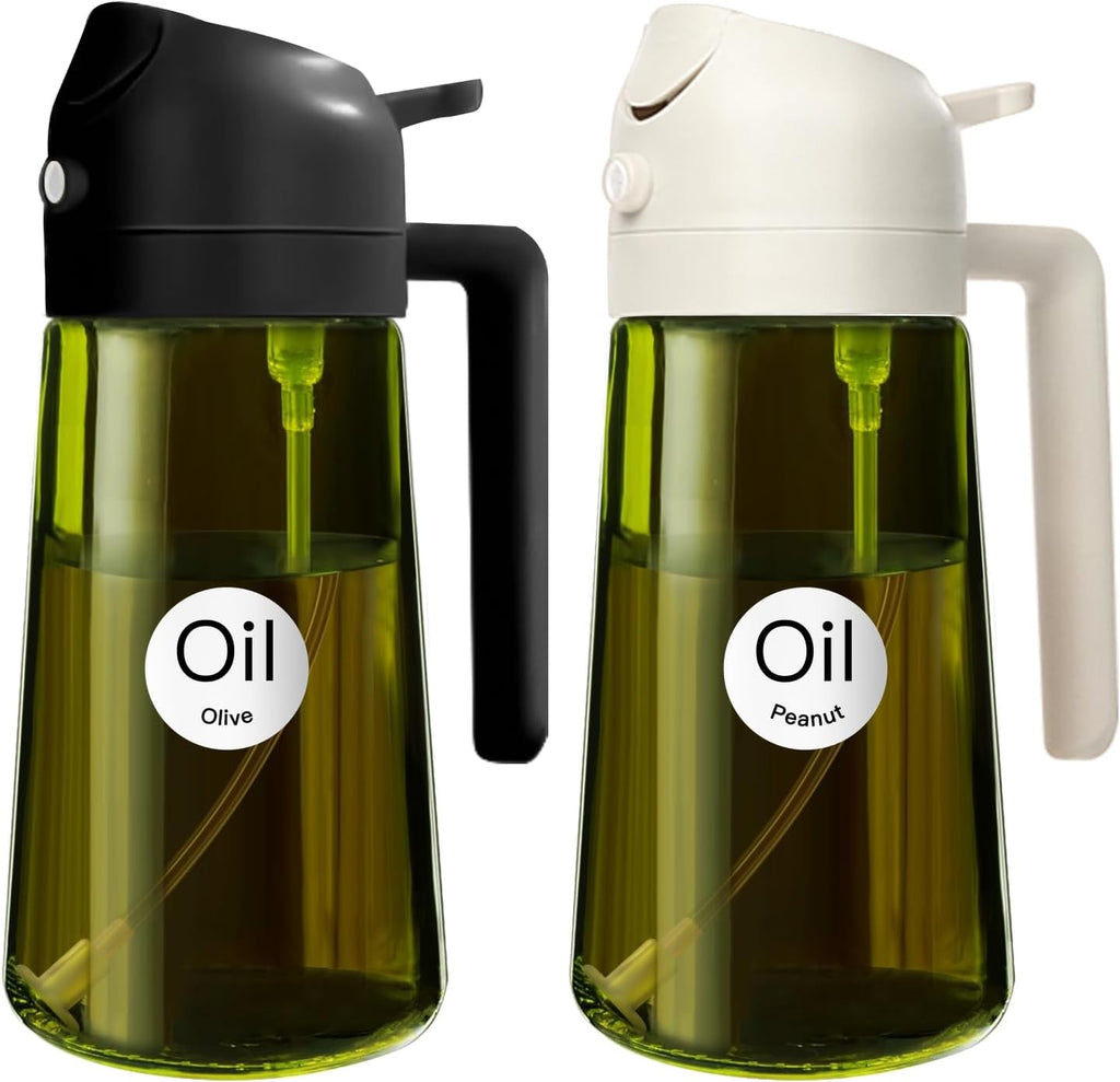 YARRAMATE 16oz/470ml 2PCS Light Blockage Dark Oil Sprayer for Cooking, 2 in 1 Olive Oil Dispenser Bottle for Kitchen, Green Glass Oil Bottle, Food-Grade Oil Mister for Air Fryer, BBQ (Black & White)