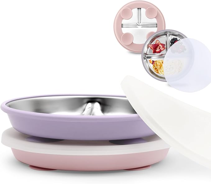 Stainless Steel Toddler Suction Plate with Lid, Deeper 9" Divided Plates with Removable Silicone Sleeves for Kids, Non Toxic & BPA Free | Unbreakable Baby Snack Dishes Set of 2, Pink & Lilac