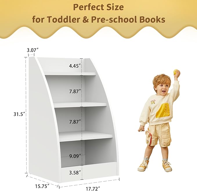 Kids Bookshelf and Toy Organizer,4 Tier Kids Book Shelf for Kids Rooms,Wood Children Bookcase,Baby Storage Book Rack,Toddler Bookshelf,Toy Storage Organizer,Book Display Shelf for Playroom, Nursery