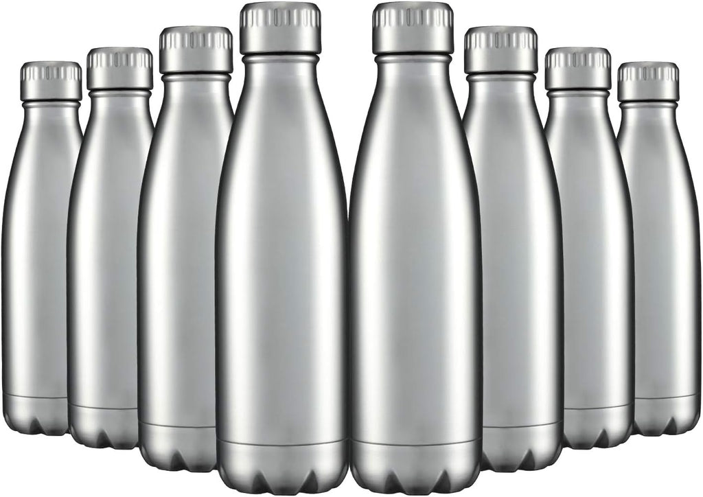 HASLE OUTFITTERS 17oz Stainless Steel Water Bottles Bulk, Vacuum Insulated Water Bottles Double Walled Reusable Metal Sports Water Bottles Keep Drinks Hot and Cold, Stainless, 8Packs