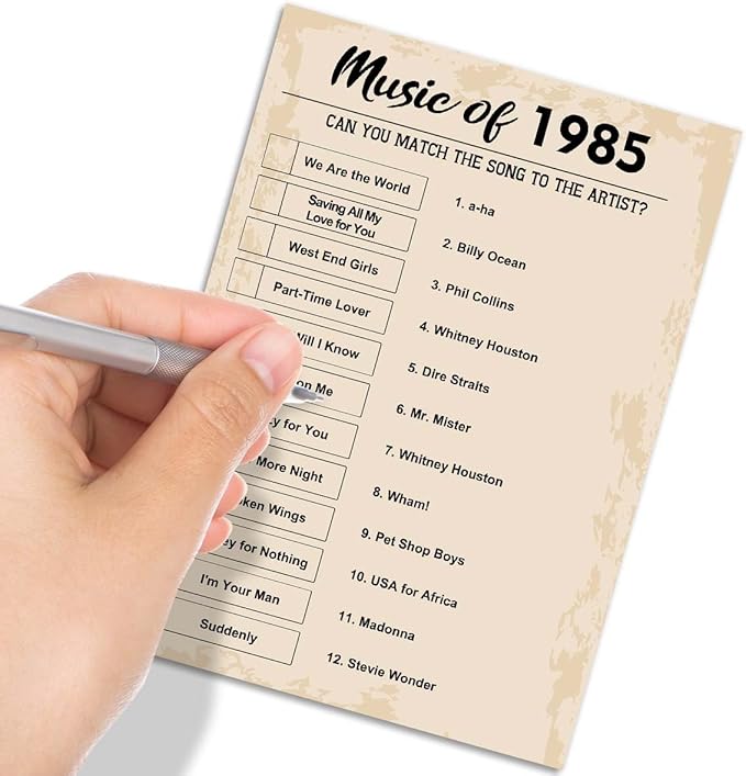 QUPT 40th Birthday Party Games, Music of 1985 Games, Birthday Party Supplies for Adults, Fun 1985s Party Game，Pack of 30 Cards