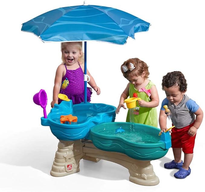 Step2 Spill & Splash Seaway Water Table, Kids Two-Tier Water and Sand Activity Sensory Playset, Comes with Umbrella, Summer Outdoor Toys, 11 Piece Toy Accessories, For Toddles 1.5+ Years Old