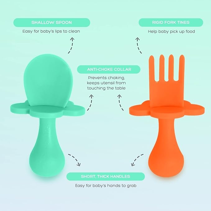Grabease Baby Spoons and Forks Utensils for Toddlers Infants BPA-Free & Phthalate-Free Baby Silverware, 2 Sets, Mint and Orange - Toddler Spoon