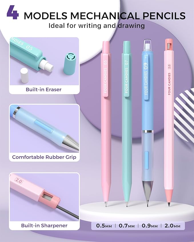 Four Candies 36PCS Aesthetic School Supplies, Mechanical Pencil Set 0.5mm, 0.7mm, 0.9mm & 2.0mm with 624 Lead Refills, Back to School Supplies for Writing & Drawing, Ideal Stationary Set Gift (Purple)