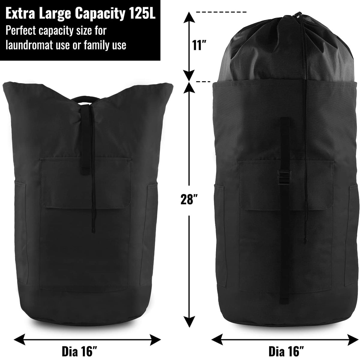 Laundry Bag Backpack, 125L, Extra Large with Shoulder Straps, Adjustable & Extendable Design, Hamper 3 Pockets for Laundromat, College, Travel, Camping