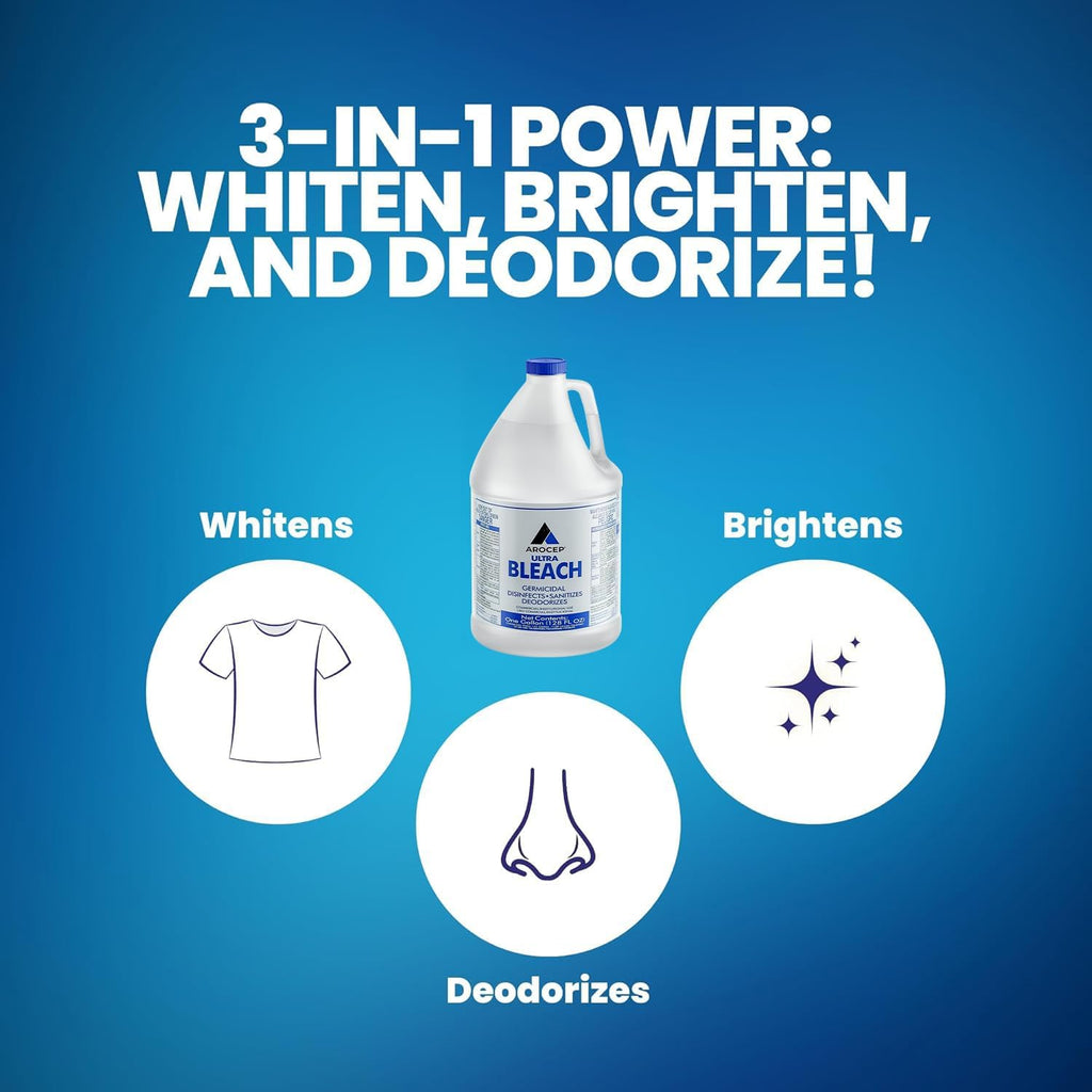 (6 Gallons) - Liquid Chlorine Bleach, for Laundry, Household and Commercial Cleaning, 1 Gallon Jugs