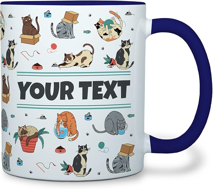 Personalized Mug for Kids - Cats - Custom Name/Text, Ceramic Hot Chocolate/Cocoa/Coffee Cup for Boys/Girls, Birthday/Christmas/Holiday Gift - 11 oz, Navy Blue Handle
