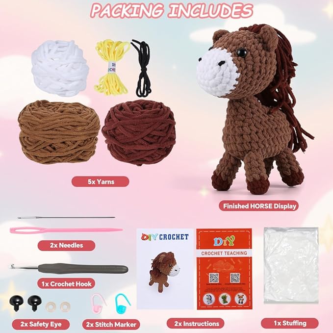 Crochet Animal Kit–10in Big Adorable HORSE, Amigurumi Crochet Kit For Intermediate Advanced level, Kids Knitting Kit With Detailed Videos Tutorials, Yarn, Crochet Hook, Best Gift For Crochet Lovers