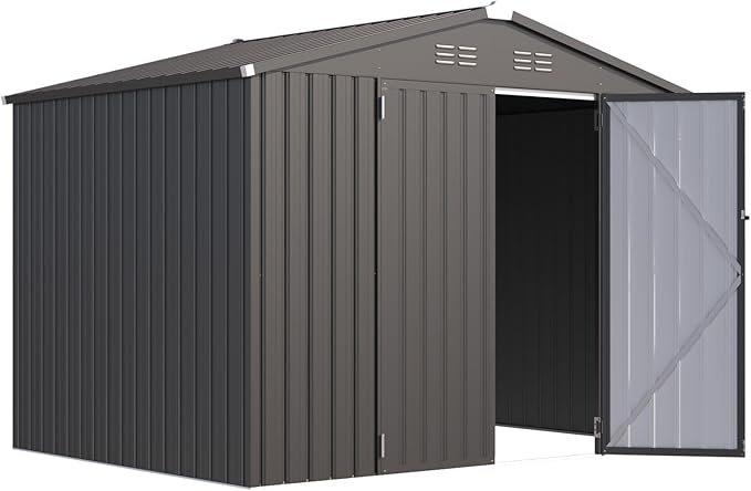AECOJOY Shed 8' x 6' Metal Storage Shed for Outdoor, Dark Grey Steel Backyard Shed (53 Sq.Ft Land) with Design of Lockable Doors, Utility and Tool Storage for Garden, Backyard, Patio, Outside use