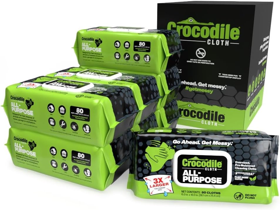 Crocodile Cloth All-Purpose Cleaning Wipes – 8 Pack/640 Total Count, 15"x10" Extra Large Plant-Based Disposable Cloths – Moist, Absorbent, Safe on Skin, Multi-Surface Use