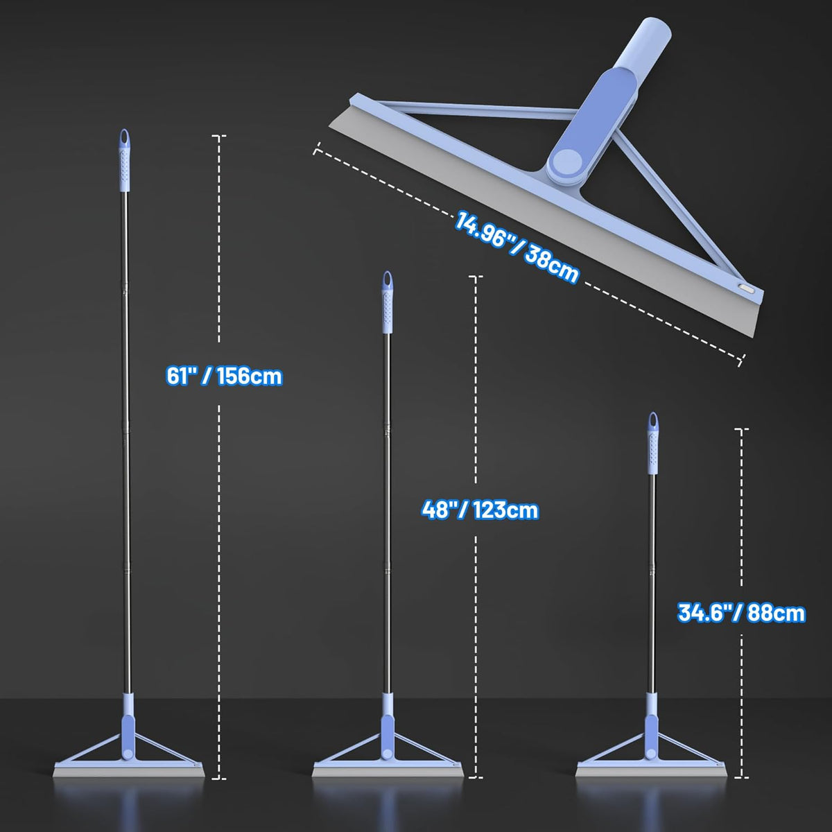 KOLLIEE Rubber Floor Squeegee Broom 61'' Long Handle Shower Squeegee for Floor with 120° Adjustable Head for Tile Concrete Deck Bathroom Window Garage
