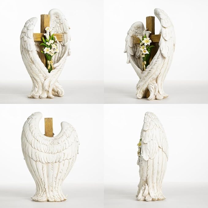12" Angel Wings Embracing Cross and Calla Lily Garden Statue Memorial Statue
