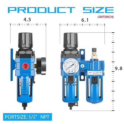 NANPU 1/2" NPT Compressed Air Filter Regulator Lubricator Combo, Water/Oil Trap Separator - Gauge(0-150 psi), Poly Bowl, Manual Drain, Bracket - AC4010-04M