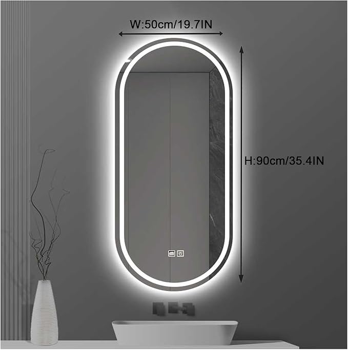 Bathroom Mirror with LED Lights，Bathroom Led Mirror ，Backlit Bathroom Mirror ，LED Mirror for Bathroom，Backlit Lighted Makeup Mirror，with Touch Sensor/Dimming/Demister pad(B,H90*W50cm/H35.4*W19.7IN)