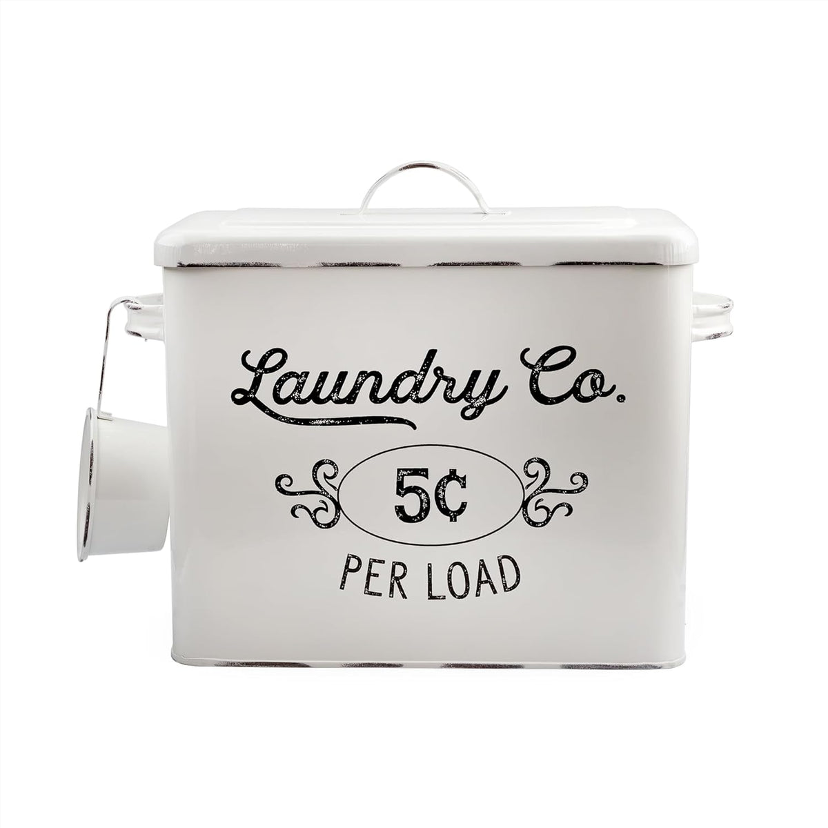AuldHome Design Farmhouse Laundry Powder Container, White Enamelware Detergent Bin w/ Scoop