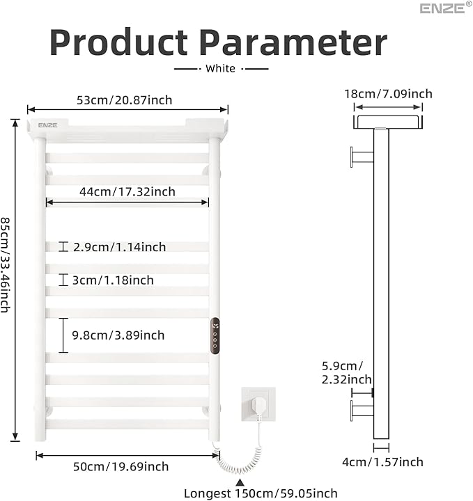 ENZE Heated Towel Rack with Shelf and Wi-Fi App Control, 11 Bars Electric Wall Mounted Towel Warmer with Timer & Adjustable Temperature, Low Carbon Steel, Plug-in/Hardwired, White
