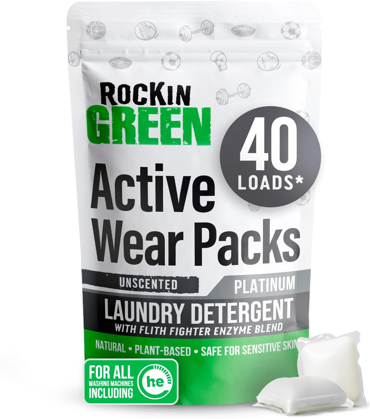 Rockin' Green Laundry Detergent Pods, Plant-based, All Natural, Vegan & Biodegradable Odor Fighter, Safe for Sensitive Skin (Unscented, Active Wear 40 Pods)