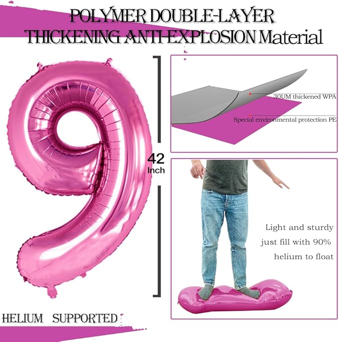 GOER Hot Pink Foil Balloons Number 9,Huge Number Balloons for 9th Birthday Party Supplies Anniversary Decorations(3 pcs,42 inch,32 inc,16inch)