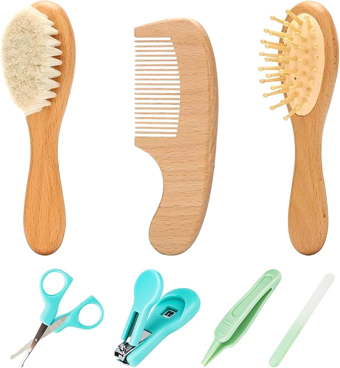 Goat Baby Hair Brush Set, Wooden Comb Massage Scalp Comb, Safe Natural Hair Care Kit, Soft Silicone Bath Brush for Newborns Toddlers (Brush Set+ Green Massager) (Brush Set+ 4)