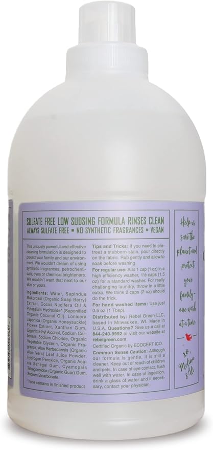Rebel Green Organic Laundry Detergent - Natural Laundry Soap - Liquid Laundry Detergent with Dispenser Cup - Gentle Laundry Detergent - Fresh Lavender & Grapefruit Scent - 68 Load Bottles, 2 Pack