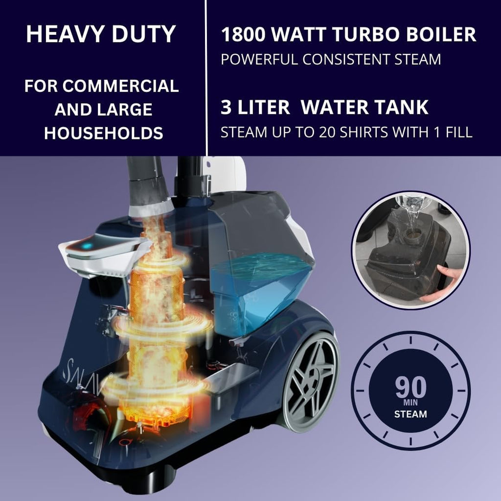 SALAV Commercial-Grade Standing Garment Steamer for Clothes with Auto-Off Safety 1800W Powerful Steam X-Large 3L Water Tank, 90-Min Continuous Use, Pedal-Control System, Beeps when Out of Water, Navy