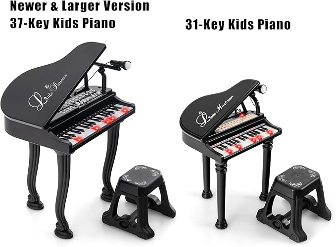 HONEY JOY Classical Kids Piano, 31-Key Toy Mini Grand Piano with Music Stand & Stool, Portable Electronic Piano Educational Musical Instrument Toy w/ Microphone, Lights, Gift for Kids (Black, 31 Keys)
