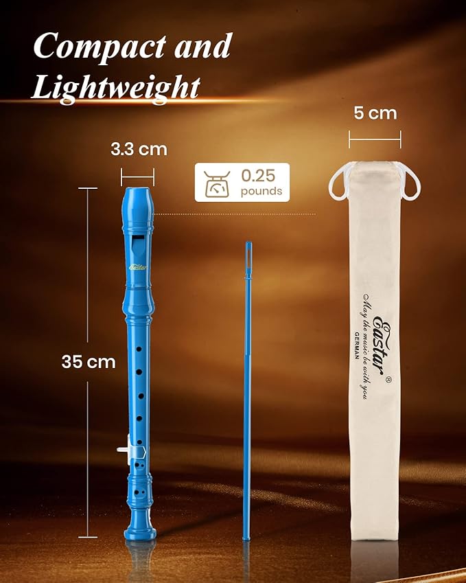 Eastar Soprano Recorder Instrument for Kids Beginners, German Fingering C Key with Cleaning Kit, Thumb Rest, Cotton Bag, Fingering Chart, ERS-21GB, Blue, School-Approved