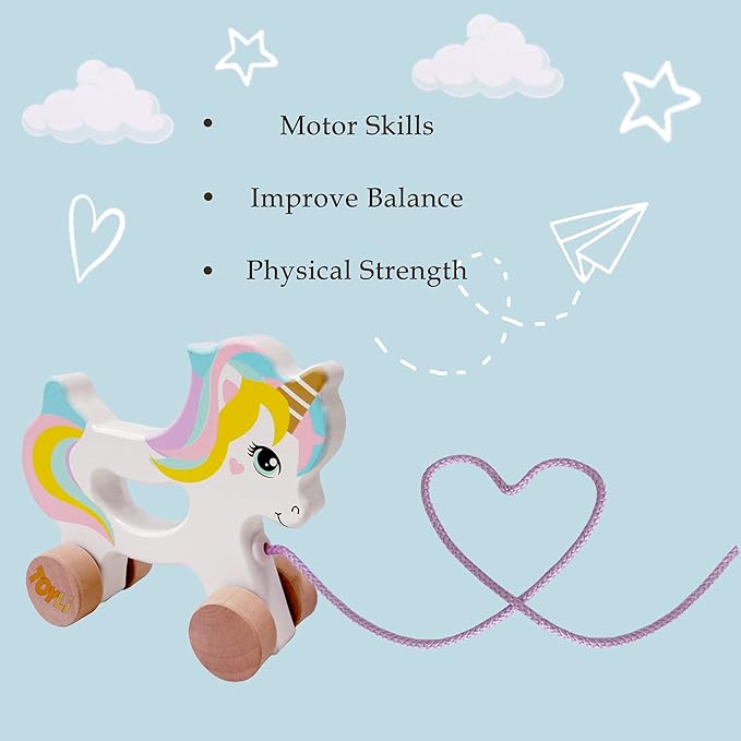 Wooden Unicorn Push & Pull Along Toy Developmental Montessori Toddler Pull Toys Improves Balance Strength Confidence for Infants Develop Cognitive Skills Baby Toddlers 18 Month Pull Toy