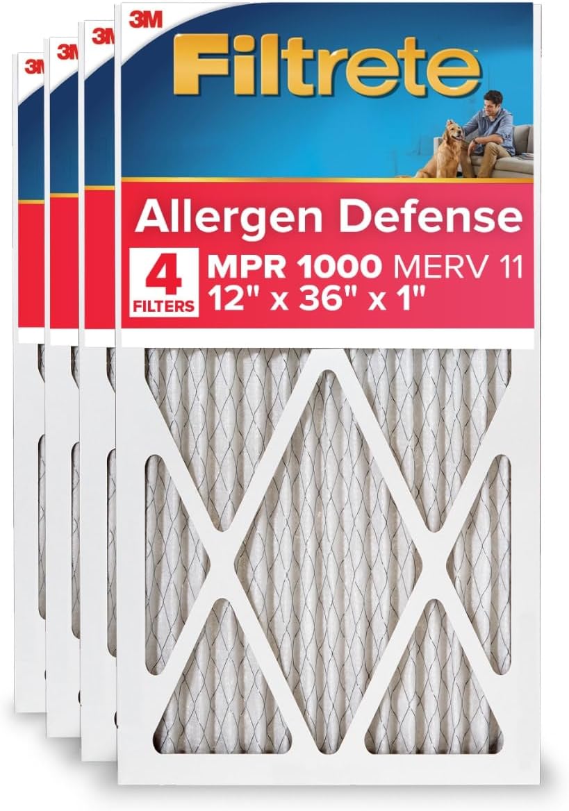 Filtrete 12x36x1 AC Furnace Air Filter, MERV 11, MPR 1000, Micro Allergen Defense, 3-Month Pleated 1-Inch Electrostatic Air Cleaning Filter, 4 Pack (Actual Size 11.69 x 35.69 x 0.81 in)