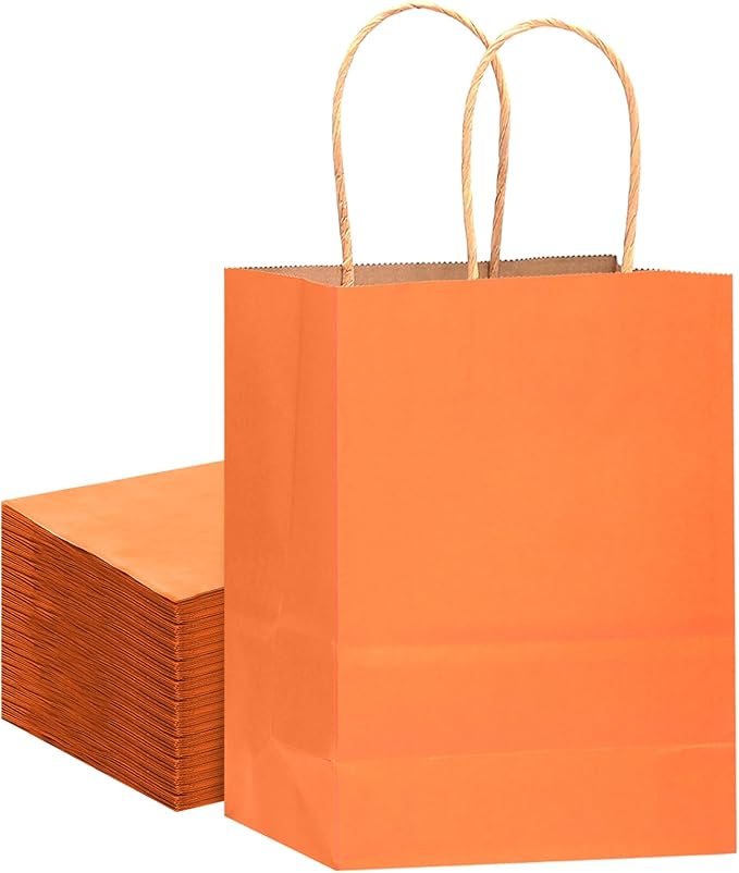 qiqee 32-Packs Orange Paper Gift Bags with Handles Bulk 7.6"x4.75"x10.5" Medium Size Gift Bags Multiple Uses