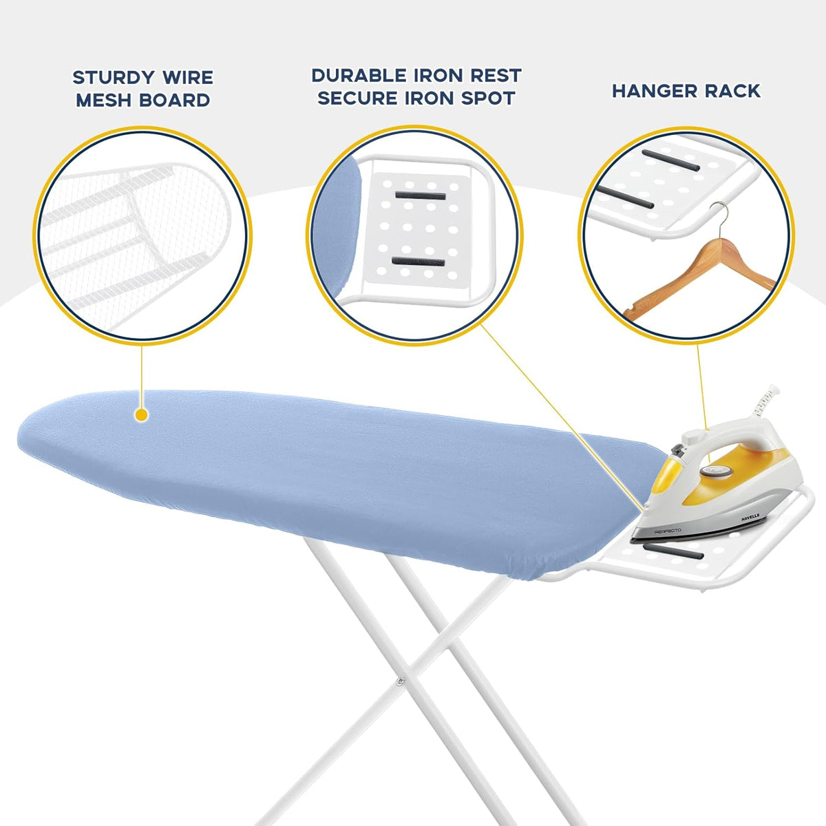 Full Size Ironing Board with Iron Rest, Heavy Duty Compact Ironing Board 43"x13" with Thick Cover and Pad, Height Adjustable Sturdy Iron Stand, Blue