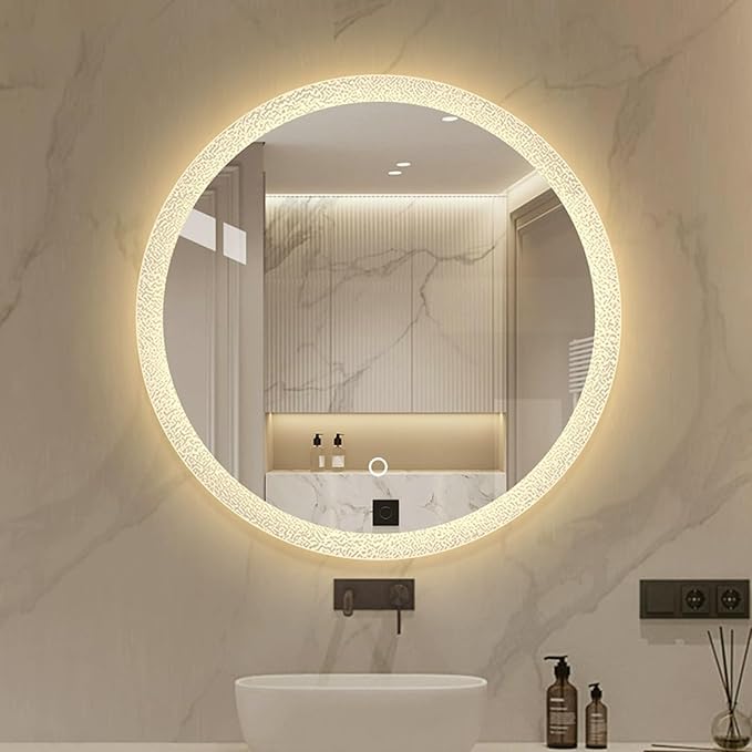 Round LED Bathroom Mirror, Wall Mounted Mirror with Demister Pad 3 Dimmable Color, Backlit Makeup Mirror, for Bathroom, Vanity, Bedroom(80cm/31.5in)