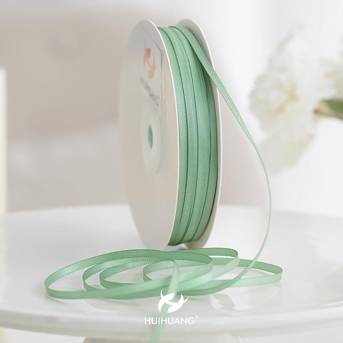 HUIHUANG Sage Green Ribbon 1/8 inch X100 Yards Roll Thin Satin Ribbon Double Face Craft Ribbon for Gift Wrapping DIY Bows Decoration Sewing and Invitation Card Hanging Tags