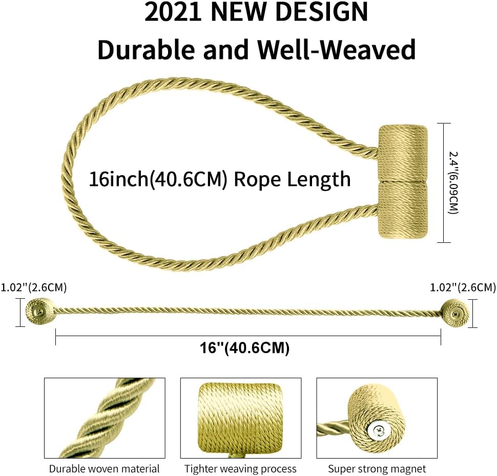 18 Inch Strong Magnetic Curtain Tiebacks, Curtain Holdbacks Modern Upgrade Strong 2021 New Twisted Style Decorative Drapery Rope Tie Backs(4 Pack Gold)