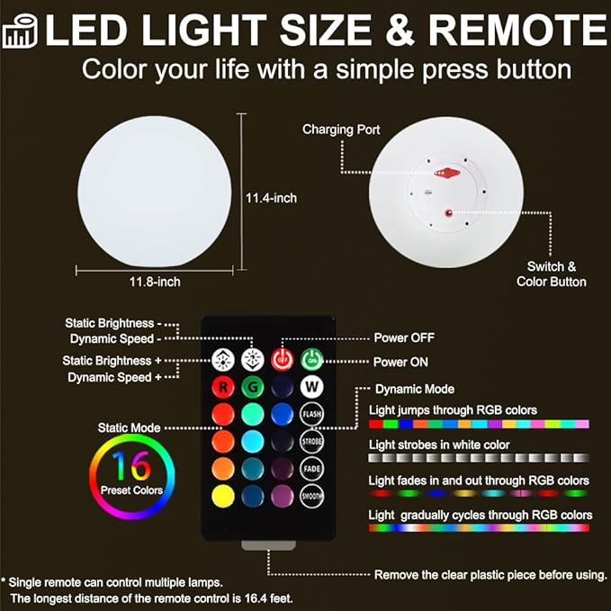 12-inch LED Glowing Ball Light w/Remote, LED Globe Orb Night Light Mood Lamp for Kid Adult, Rechargeable Dimmable RGB Color Changing Glowing Orb, Waterproof Light Up Ball for Garden Patio Party Decor