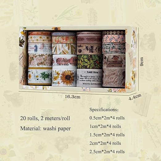 MAFELOE Decorative Vintage Washi Tapes Set 20 Rolls 2 Meters Long, Adhesive Scrapbook Junk Journaling Art Craft Collage Supplies-Forest Dream Series-Khaki (WT-M4-SLMJ)