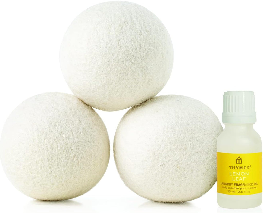 Thymes Wool Dryer Balls Set – Includes 3 Wool Laundry Balls + 1 Scented Laundry Fragrance Oil for Dryer – Eliminate Wrinkles, Static & Lint (Lemon Leaf, 0.5 fl oz)