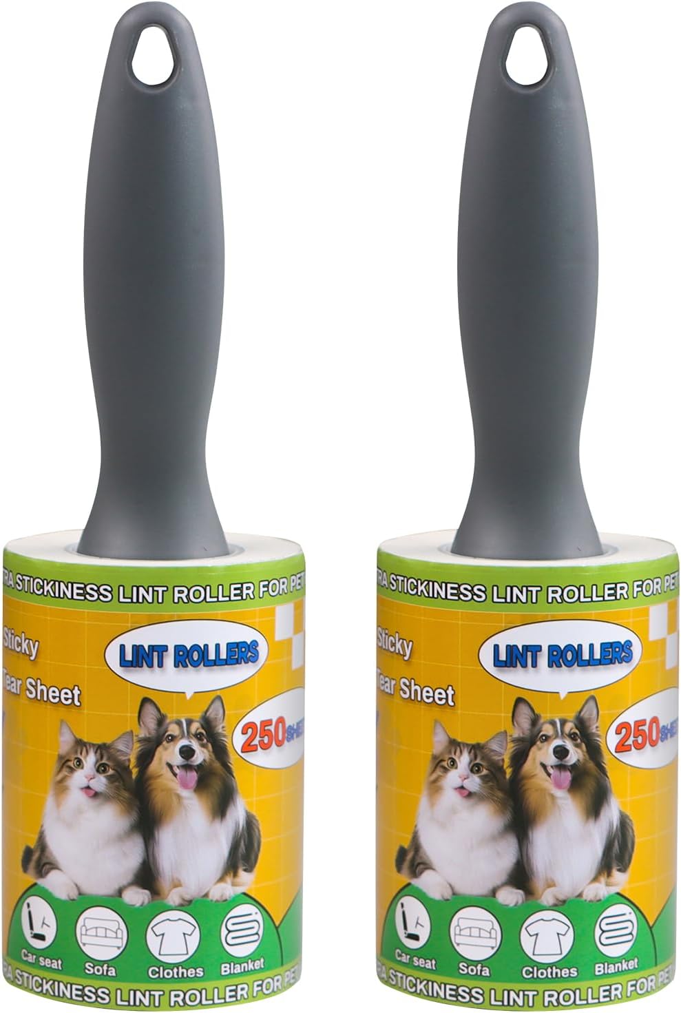 Lint Rollers 2 Pack for Pet Hair 500 Sheets Extra Sticky Pet Hair Remover for Clothes Furniture Carpet Cleaner Cars Dogs Travel-Friendly Grip Handle