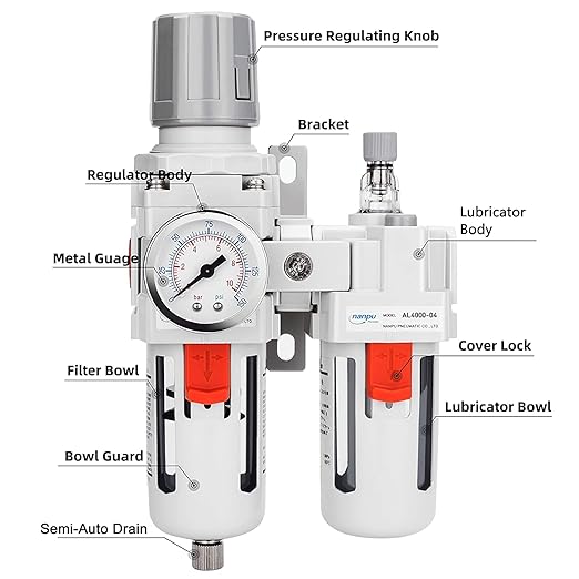 NANPU 1/2" NPT Compressed Air Filter Regulator Lubricator Combo Water/Oil Trap Separator - Gauge(0-150 psi), Poly Bowl, Semi-Auto Drain, Bracket