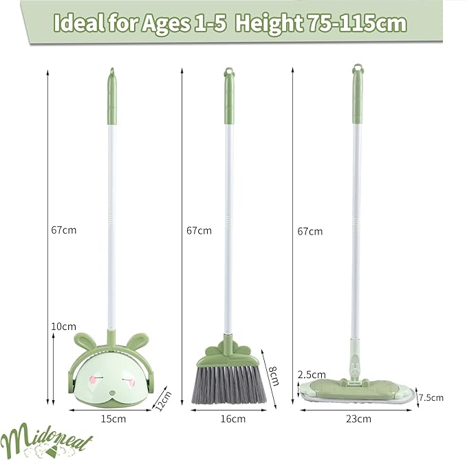 Kids Cleaning Toy Set, Mini Child Broom, Mop and Dustpan, Little Housekeeping Helper Set ,Pretend Home Cleaning Play Set for Toddler Age 1-5,6pcs (Green)