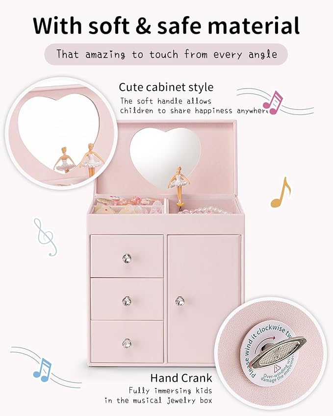 Vlando Musical Jewelry Box for Girls, Large Kid Music Box with Ballerina for Birthday Bedroom Decor, 4 Layer Girl Jewelry Gifts for Girls Kids - Light Pink