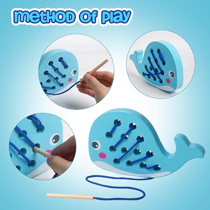 Skrtuan Wooden Lacing Whale Toy - Montessori Travel Puzzle Game with Car & Airplane, Fine Motor Skills Educational Toys for Toddlers 3 4 5 Years