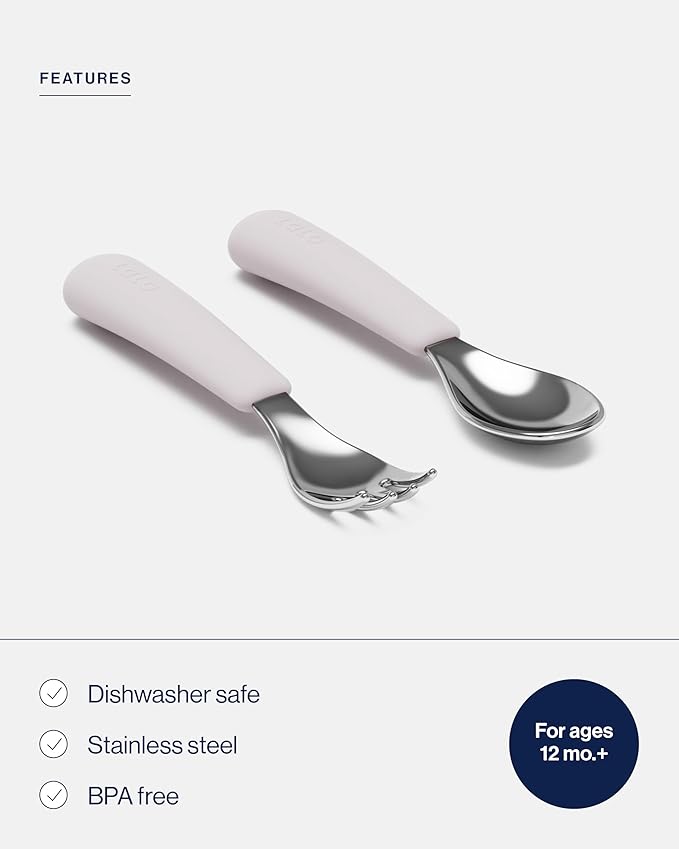 Lalo Utensils - Toddler Fork and Spoon Set - Stainless Steel and Silicone Ergonomic Toddler Utensils - Children Safe Flatware Set - 2 Pieces - Lavender