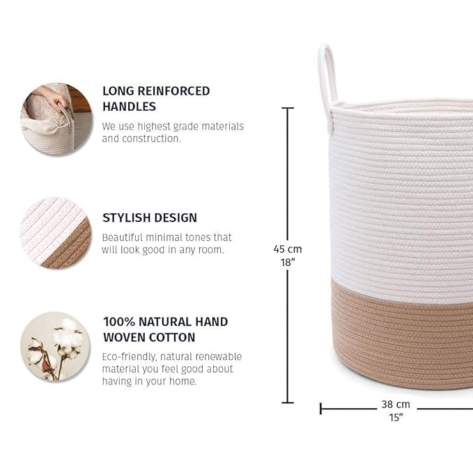 OrganiHaus Boho Laundry Basket 15x18, Baby Hamper for Nursery, Boy Basket for Toys, Basket for Blankets fror Living Room, Large Woven Basket for Storage, Towel Basket & Blanket Basket, Honey