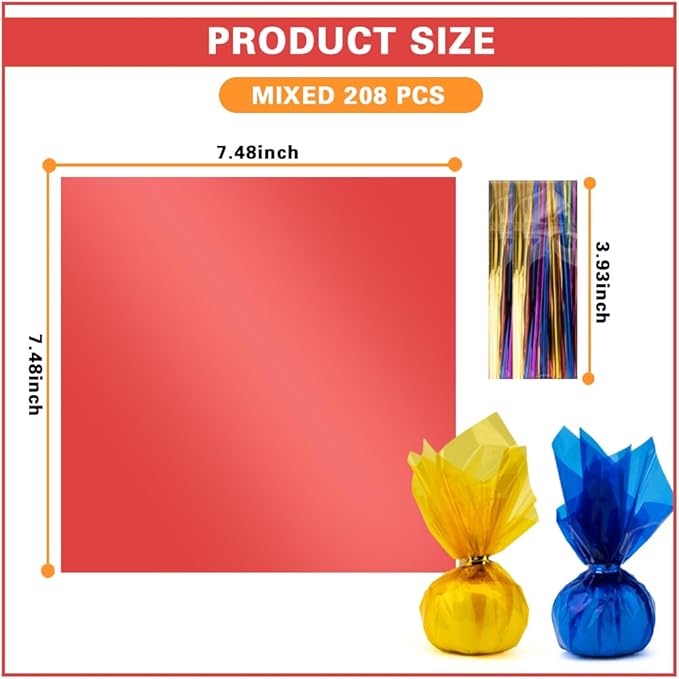 208 PCS Colored Cellophane Wrap Paper(7.48x7.48 Inch) Treat Candy Small Gifts Wrapping Baskets Colorful Plastic Sheets for Crafts Transparent Clear Clings Birthday Baby Shower Holiday Party Decor