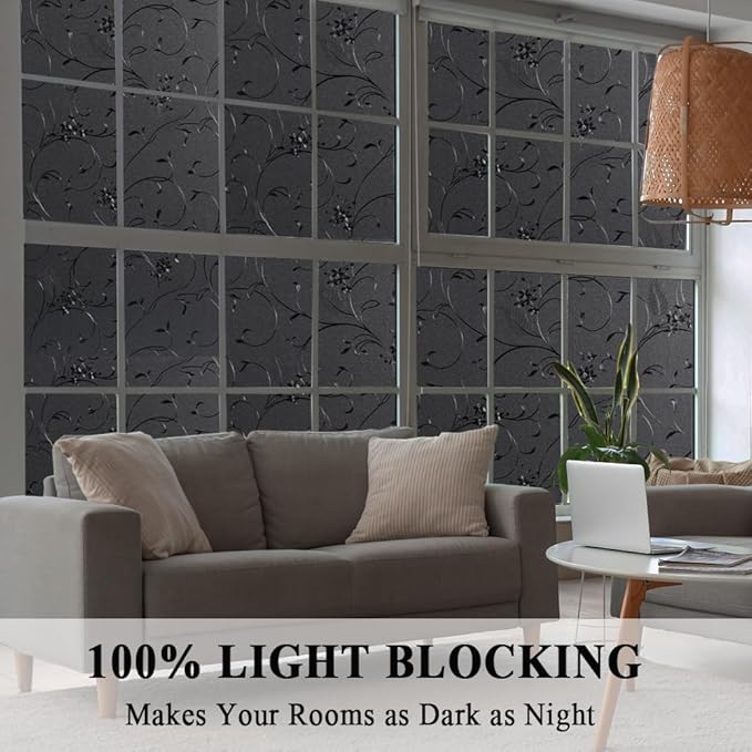 Mikomer Total Blackout Window Film,100% Light Blocking Privacy Glass Door Film Etched Flowers,Room Darkening Window Cling,No Glue/Heat Control/Anti UV for Day Sleep & High Privacy,17.5In. by 157In.