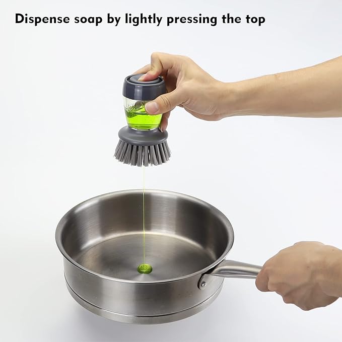 Dish Brush with Soap Dispenser, Kitchen Scrub Brush for Dishes Pots Pans Sink Cleaning, Dish Scrubber with Holder Set (Grey 2-Pack Combo Set)
