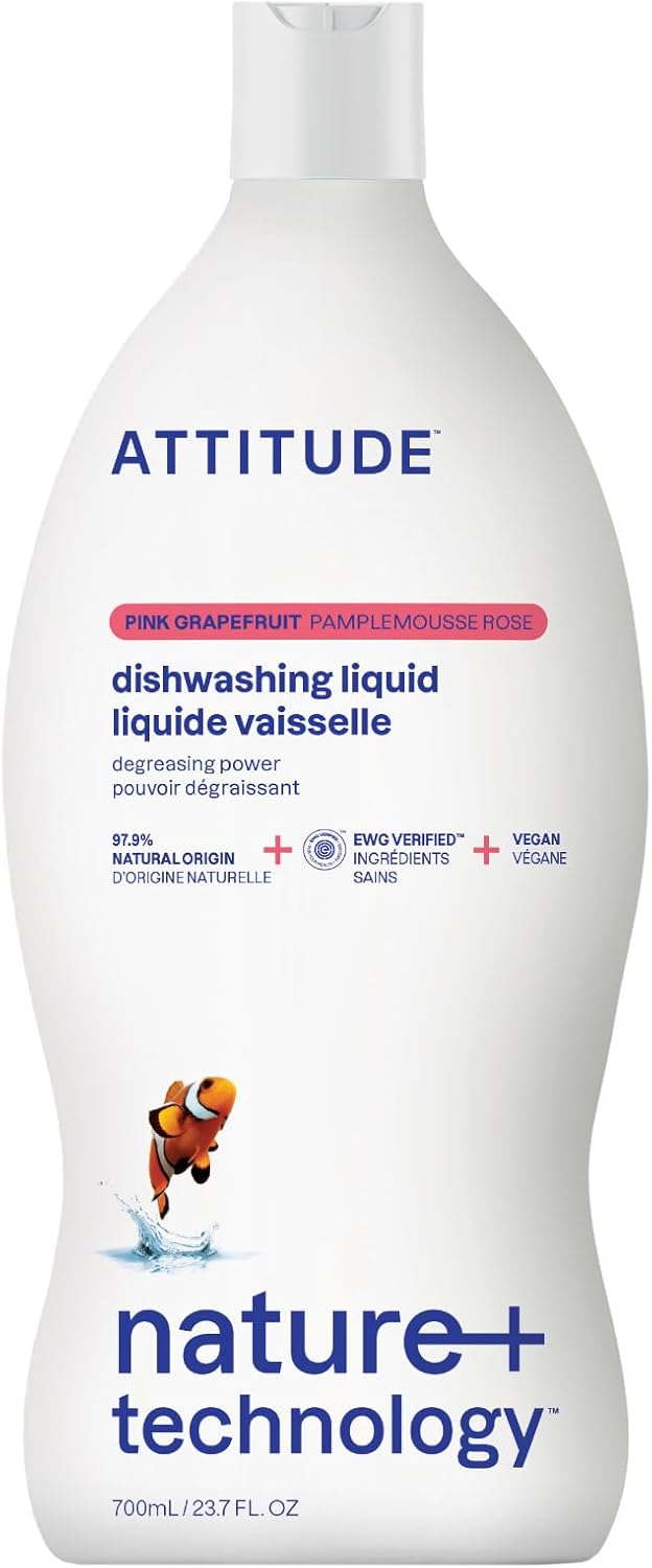 ATTITUDE Dish Soap, EWG Verified, Plant-Based & Vegan Dishwashing Liquid, Naturally Derived, Pink Grapefruit Scent, 23.7 Fl Oz
