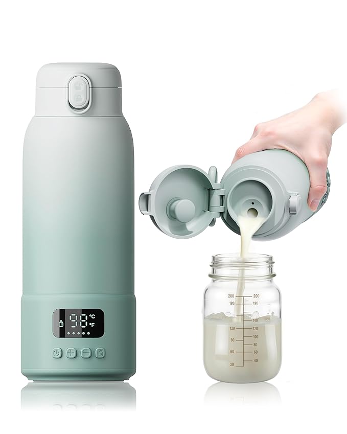 Extended Battery Life Portable Bottle Warmer - Dual Heating Modes for Breast Milk & Water, 17 Ounces, Fast Heating, Ideal for Travel, Outdoor, Baby Shower, Green