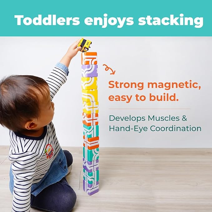 QBI Magnetic Blocks STEM Toys for Toddlers Aged 1+ Year Old Boys & Girls｜3D Colorful Magnetic Building Blocks with School Bus｜Magnet Block for Kids｜Educational & Montessori Preschool Kids Toy (13PCS)